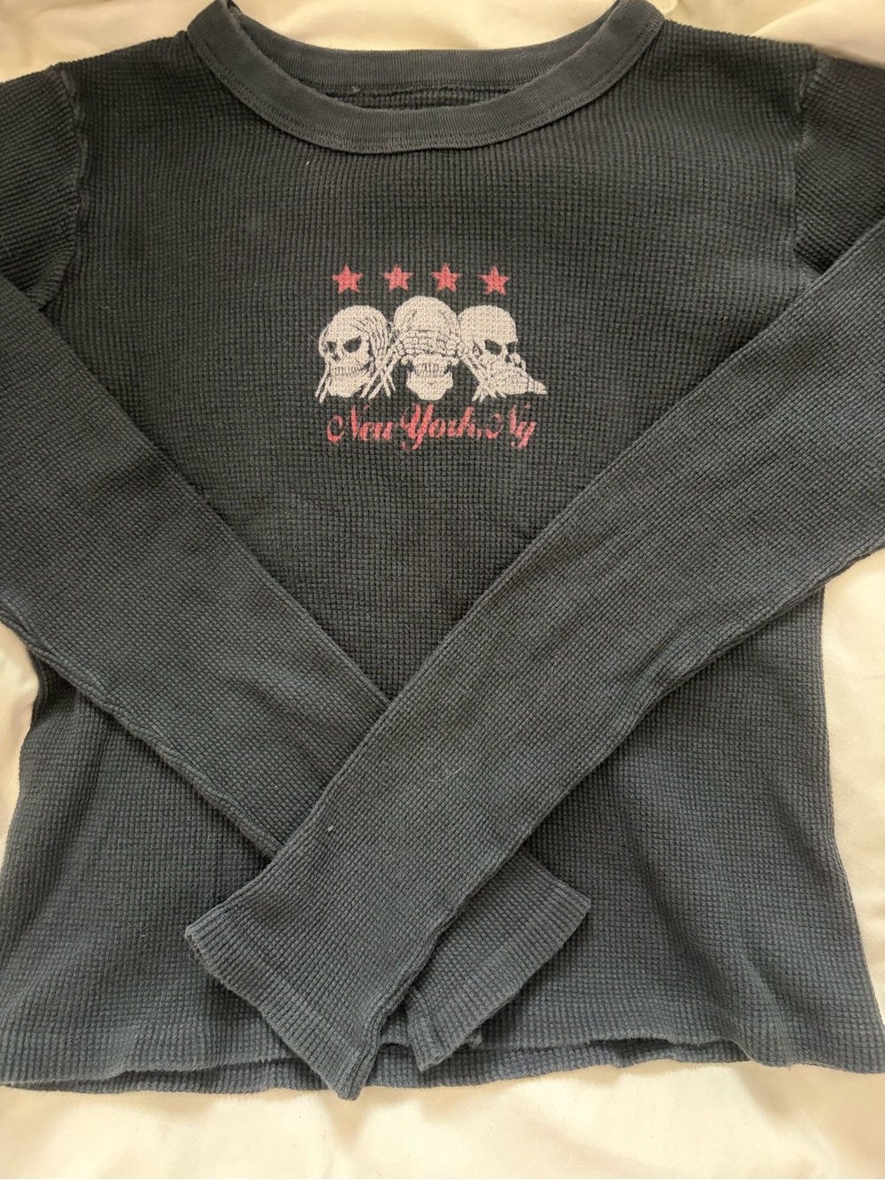 Brandy Melville Charcoal Gray Waffle Long-Sleeve Top with Skull Graphic